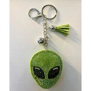 Extraterrestrial Crystal Bejeweled Keychain - Alien Head w Green Tassel
